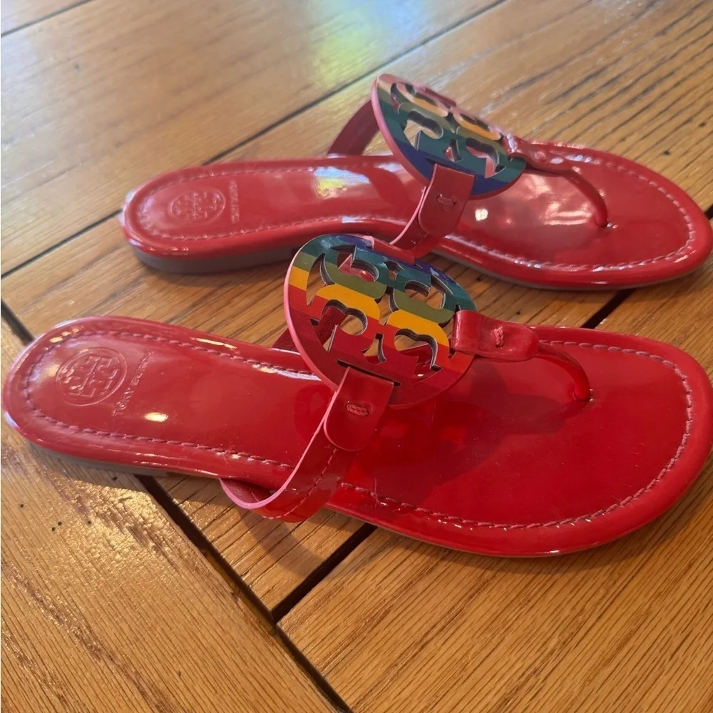 Tory Burch ruby red rainbow Miller sandals  limited edition , size 8.5 excellent